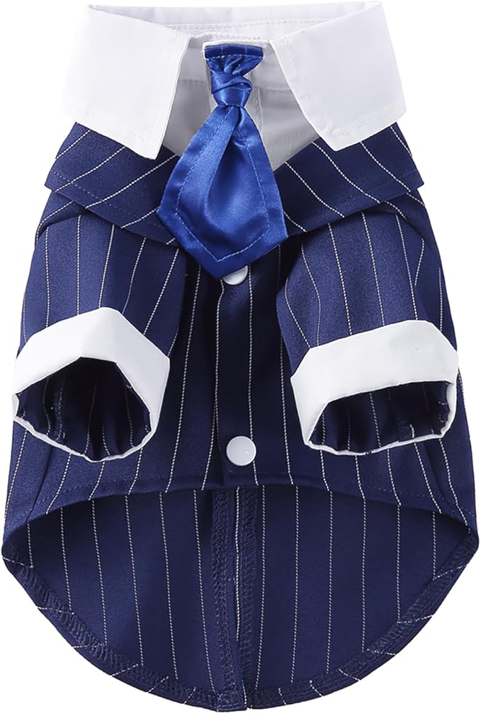 GabeFish Pets Wedding Jackets Suit for Dogs with Bow Tie Puppy Cat Formal Clothes Shirt Tuxedo (BlueStriped, M (Chest 15.3in/39cm)