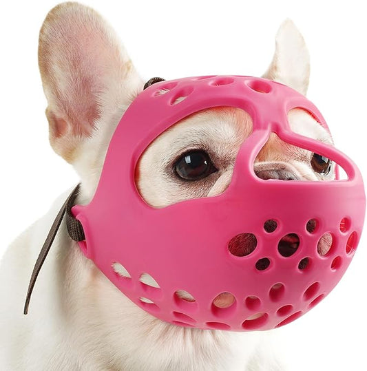 BARKLESS Short Snout Dog Muzzle, Soft Silicone Flat Faced Muzzle for French Bulldog Shih Tzu and Pug for Biting Chewing Licking and Grooming, Allows Panting (S, Hot Pink)