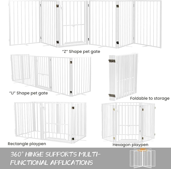 Metal Freestanding Dog Gate with Cat Door for Outdoor & Indoor,80" Extra Wide Foldable Pet Fence,30" Tall Dog Gate for RV Camping,Stairs,Hallways,Doorways,Deck,Yard,with 3PCS Support (4 Panels,White)