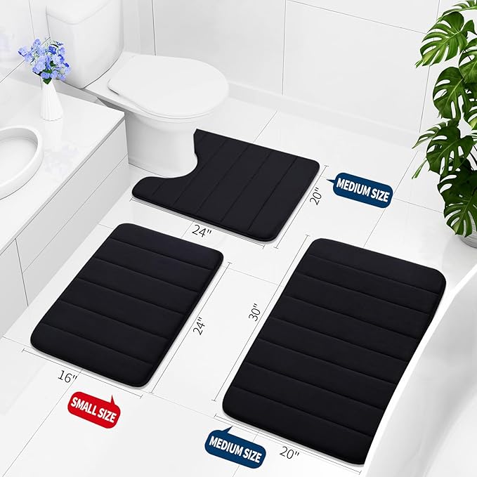 Buganda Memory Foam Bath Mat, 24" x 16", Ultra Soft and Non-Slip Bathroom Rugs, Water Absorbent and Machine Washable Bath Rug for Bathroom, Shower, and Tub, Black