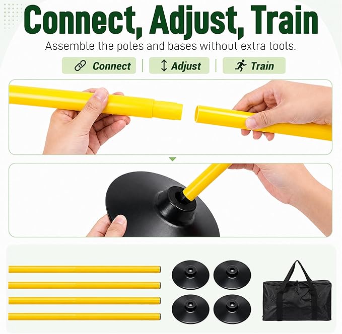 6 Pack Soccer Agility Training Poles, 5 FT Adjustable Speed and Agility Training Equipment for Football/Basketball/Dog Practice, Bending Poles for Horses with Rubber Bases and Carry Bag