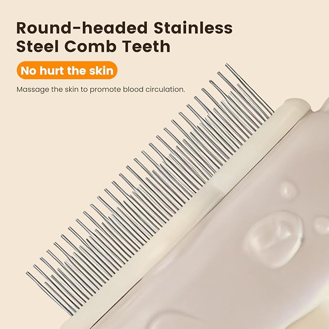 Self-Cleaning Pet Grooming Brush for Dogs & Cats - One-Click Hair Release Button, Stainless Steel Rounded Teeth, Ivory White Brush for Removing Loose Fur, Knots & Dander White