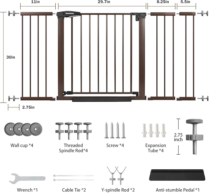 Mumeasy 29.7-57" Extra Wide Baby Gate, Auto Close Large Dog Gate for Doorways, No Drilling Pressure Mounted Pet Safety Gate for Stairs, Easy Walk Through Child Gate for Hallways, House, Indoor, Brown