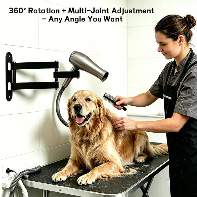 Pet Hair Dryer Wall Mount Stand Hose Tube Holder: Hands-Free Adjustable & Foldable Metal Arm Bracket with Universal Clamp for Dog Cat Grooming, Home & Professional Use