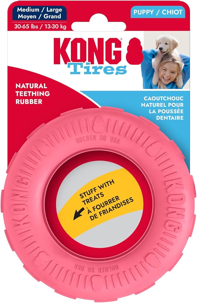 KONG Puppy Tires - Dog Chew Toy for Puppies - Stuffable Dog Toy for Treats & Snacks - Natural Rubber Chew Toy for Teething Puppy - for Medium/Large Puppies - Pink