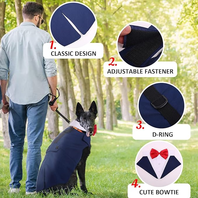 DORA BRIDAL Dog Tuxedo for Large Dogs, Dog Suit and Bowtie, Formal Dogs Wedding Outfit, Pet Tuxedo and Bandana Set Valentines Birthday Christmas Party Costumes for Labrador,Golden Retriever, Blue, 2XL