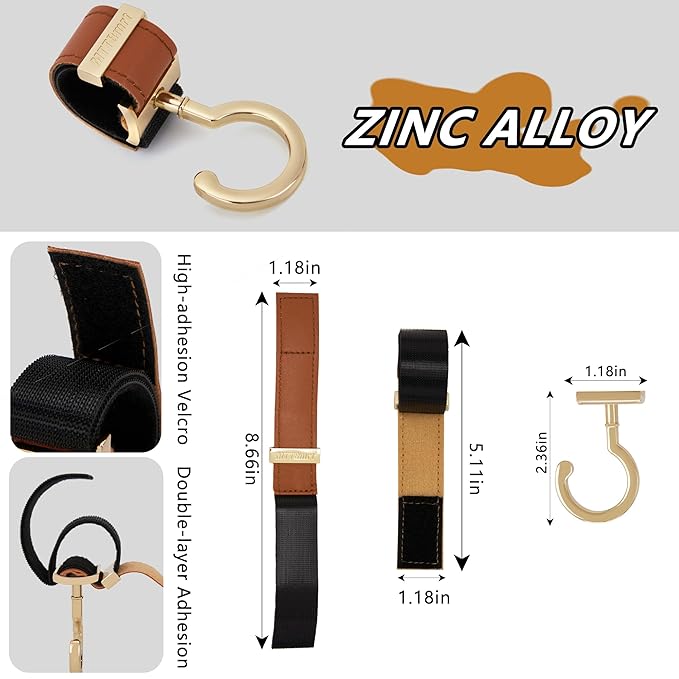 2 Pack Stroller Hooks,Strong Synthetic Leather Hook-and-Loop Fastener&High-Quality Metal Hooks,Universal Bag Clip|360° Rotation, 66lb Capacity,Non-Slip-Fits Wheelchair(Black-Silver Gray)