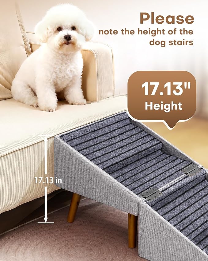 17.13" H Split Ottoman Dog Ramp for Couch and Bed, Non Slip Dog Stairs for Small Medium Large Dogs Cats Puppy, Joint Support 2 in 1 Foldable Wooden Pet Steps for Senior/Injured Dogs, Space Saving