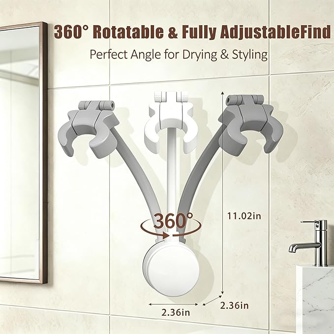 Hair Dryer Holder, Hair Dryer Stand with Adjustable Angle, Wall Mounted Hair Dryer Stand Hands Free with Built-In Adhesive, Suitable for Bathroom Mirror, Side Wall of Washbasin, Bedroom Vanity, Balcony Or Gym