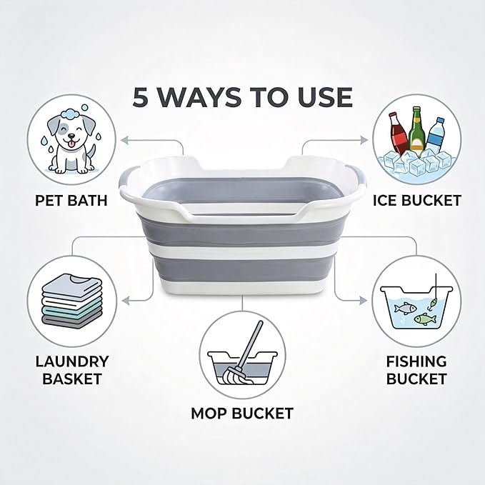 Collapsible Dog Bathtub with Drain Plug - Foldable Portable Pet Bath Tub for Small Dogs & Cats, 25L Large Travel Shower Basin, Lightweight PP &TPR Material (Grey, 23x16x11 Inches)