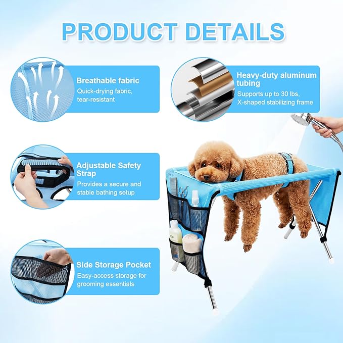 Pet Grooming Hammock for Small Dogs & Cats, Stainless Steel Bracket, 30-Pound Weight Capacity, Foldable Dog & Cat Grooming Table for Nail Trimming, Bathing & Care