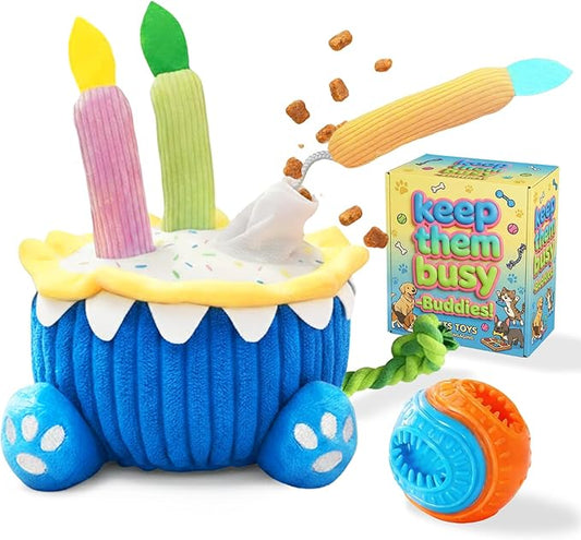4-in-1 Dog Birthday Cake Toy, Interactive Snuffle Puzzle, Funny Dog Toys—Plush Squeaky Treat Dispenser with Cotton Rope, Hide ＆ Seek Enrichment Toy for Small/Medium/Large Dogs, Gotcha Day Party Gift