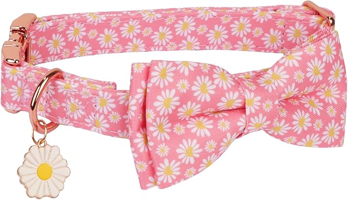 ADOGGYGO Floral Dog Collar with Bowtie, Metal Buckle, Adjustable White Daisy Floral Collars for Medium Dogs (Medium)