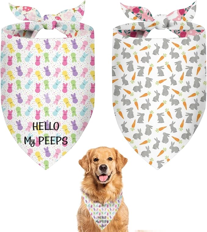 Easter Dog Bandana Reversible 2 Pack Small, Spring Easter Pet Bandanas for Dogs Cute Pink Grey Colorful Peeps Adjustable Triangle Holiday Scarves for Medium Large Extra Large Boy Girl Dogs