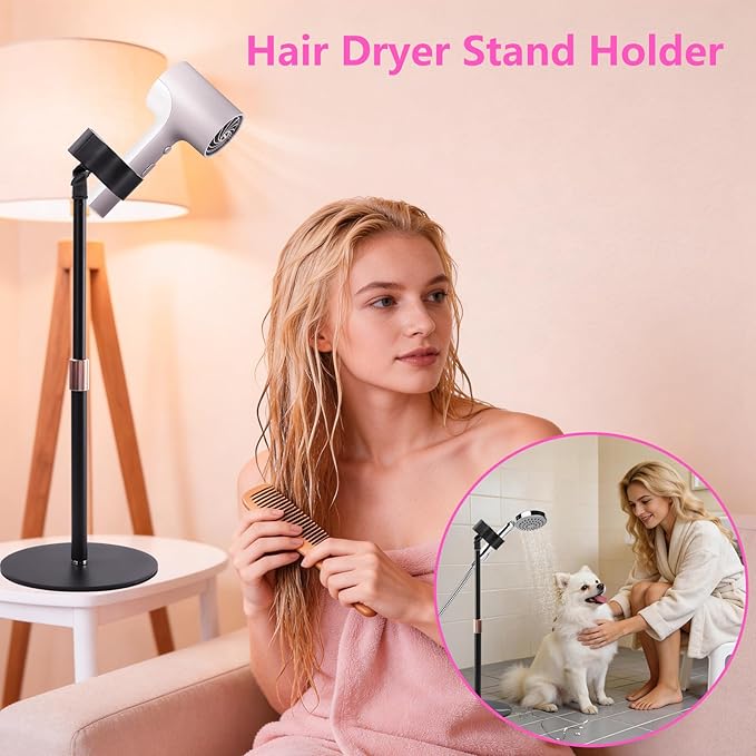 BILIONE Hair Dryer Stand Holder, Height Adjustable Countertop Blow Dryer Holder, 360° Rotating, Heavy Duty Non-Slip Base＆Universal Clip, Compatible with 99% of Hair Dryers