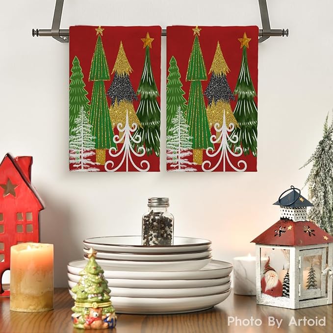Green Red Christmas Tree Hand Towels Set of 2 Xmas Watercolor Pine Trees Absorbent Bathroom Towel Soft Decorative Towels for Bathroom, Hotel 29.1 X 13.8 Inch