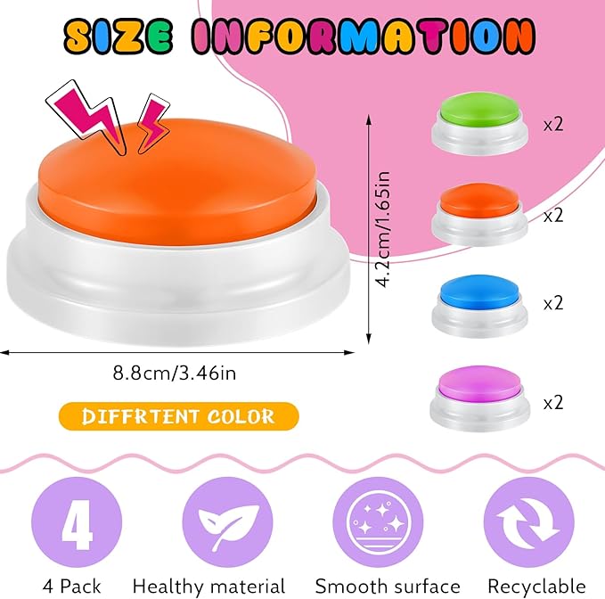 Honoson 8 Pieces Recordable Answer Buzzers Button for Trivia Games Show Buzzers Recording Buttons Gifts for Classroom Team(Brilliant Color)