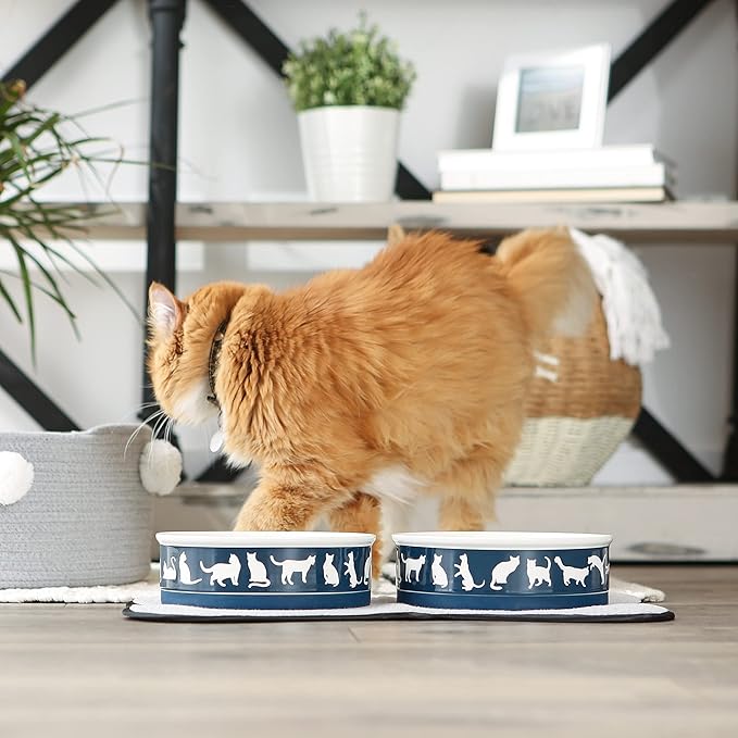 Bone Dry Ceramic Cat Bowls, Microwave & Dishwasher Safe, Large Set, 7.5x2.4, Navy, 2 Count