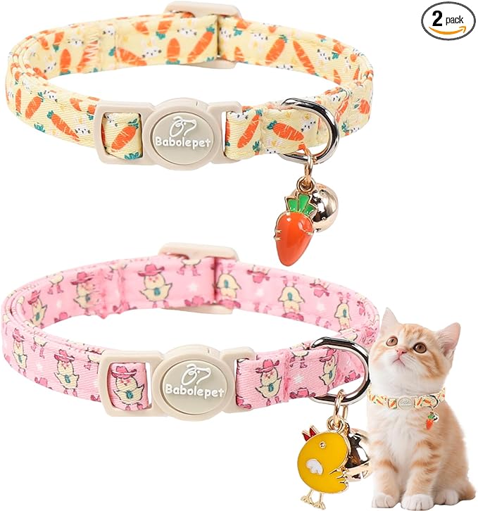 2 Pack Easter Cat Collars - Playful Chick & Carrot Easter Breakaway Cat Collar with Bell & Matching Pendant, Adjustable Spring Holiday Pink Yellow Kitten Collars for Boy Girl Cats
