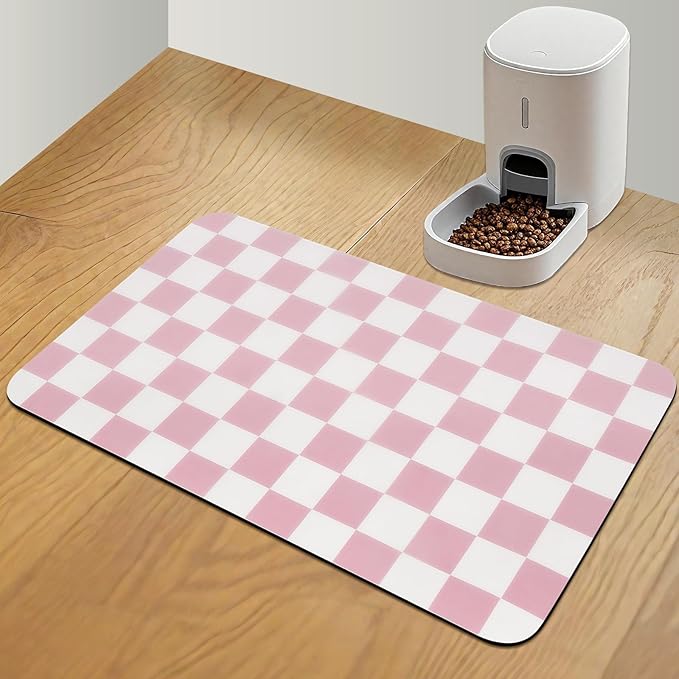 CooRug Checkered Dog Food Mat, Absorbent Leak-Proof Pet Feeding Mat, Quick Dry Cat Food Mat for Messy Drinkers 16" x 24" Pink