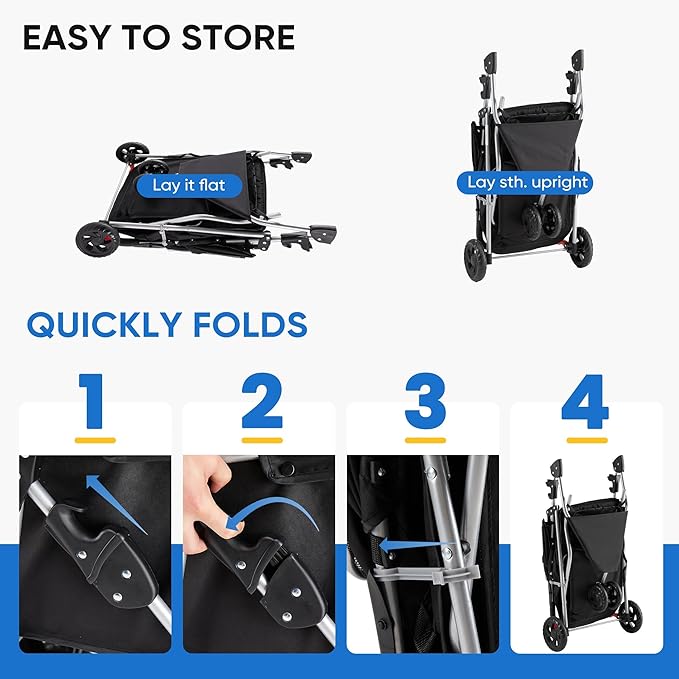 NEWBULIG Pet Stroller for Dogs, Cats Stroller with 3 Wheel, Foldable, Lightweight and Durable, Ideal for Small to Medium Pets, Includes Storage Basket and Cup Holders, Black