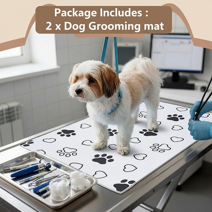 AceOrbit 2 Pack 24x36 Inch Non-Slip Dog Grooming Mat for Table Dog Vet Mat Black and White Pet Paw Print Grooming Pad for Cat Pet Checkups Rehabilitation Bath, Waterproof and Easy to Clean