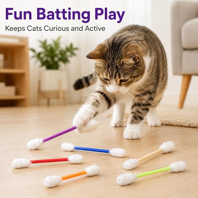 Cat Q Tip Toy with Catnip Cotton Swabs Qtip Cat Toy Pack Catnip Toys for Indoor Cats Giant Qtip Cat Toy Chew Sticks, Durable Felt Interactive
