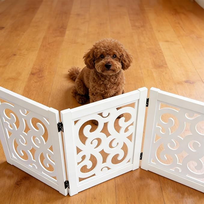 Ashfield & Harkness: 3-Panel Pet Gate - Scroll White - Wooden Foldable Freestanding Fence, Small Dogs & Puppy, 48 x 19.3, Indoor-Doorway-Halls-Stairs