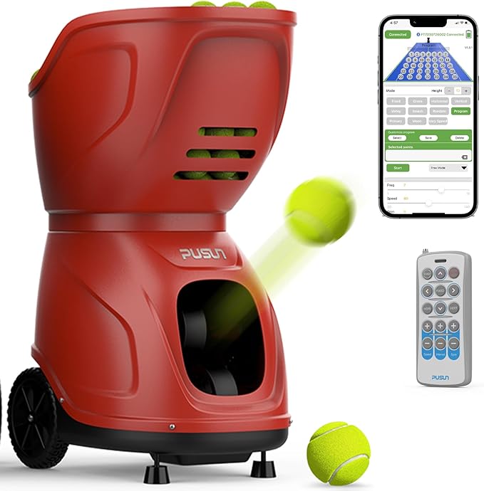 PT-9001 Programmable Variable-Speed Tennis Ball Machine | APP & for Apple Watch Control (12 Modes), MAX 140KM/H, 10Hr Battery, 6-Level Spin, 150-Ball Capacity — for Clubs & Advanced Players