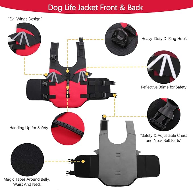 ROZKITCH Dog Life Jacket, Red Ripstop Pet Floatation Evil Life Vest for Small Middle Large Dog, Safe Durable Comfortable Adjustable Preserver with High Buoyancy for Swimming Boating at Pool Beach