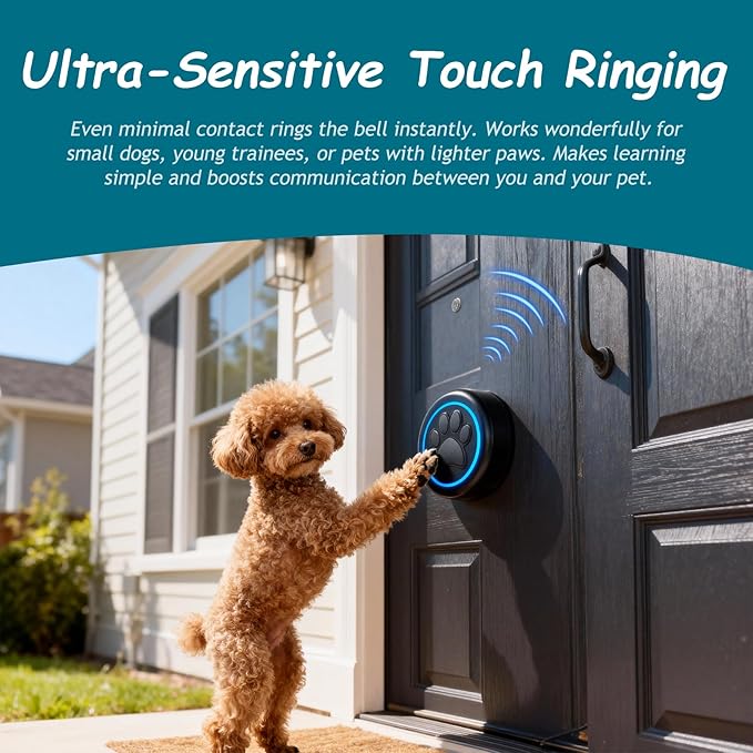 Halo Paw Smart Dog Door Bell – Touch-to-Ring BK Dog Bells to Go Outside, LED Light Wireless Dog Buttons & Dog Clicker for Communication, Waterproof Bell for Dogs to Ring to Go Potty(2 Chimes & 1 Bell)