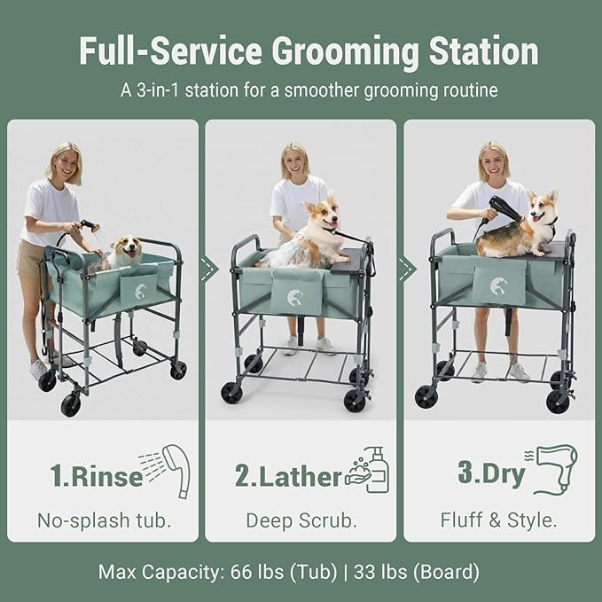 Elevated Dog Bath Tub for Small & Medium Dogs, 32.8"-40" 4-Level Adjustable Height Folding Pet Grooming Station with Wheels, Portable Dog Wash Station, 1000D PVC, Fits Dogs up to 33 lbs