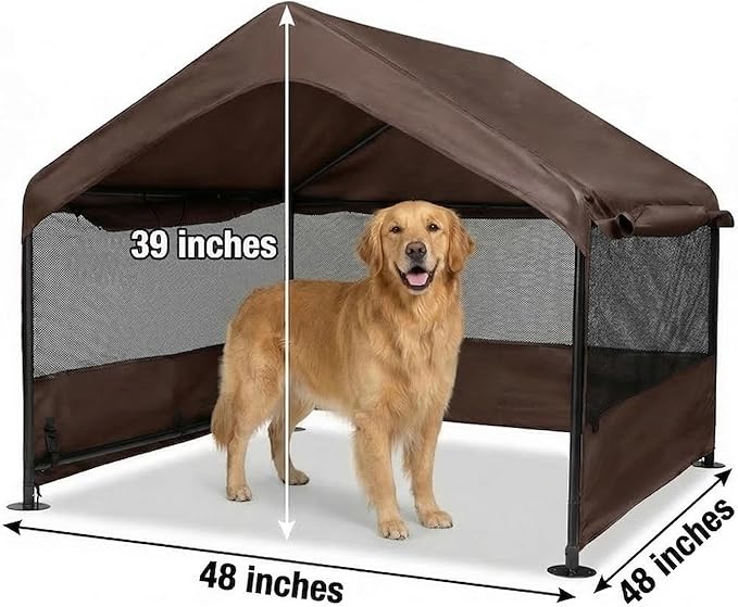 Dog Tent House Outdoor Shade 4'x4'x3' Shelter for Large Medium Pets,Outside Sun Rain Waterproof Canopy with Three-Sided Breathable Mesh Windows,Livestock House with Ground Nails,Brown