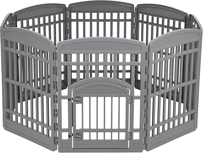 IRIS USA 34" Dog Playpen Tall Dog Playpen Indoor – 8-Panel Puppy Playpen with Door, 63 x 63 x 34, Extra Tall Dog Play Pen Indoors for Large Dogs, Plastic Pet Playpen, Indoor Dog Pen, Gray