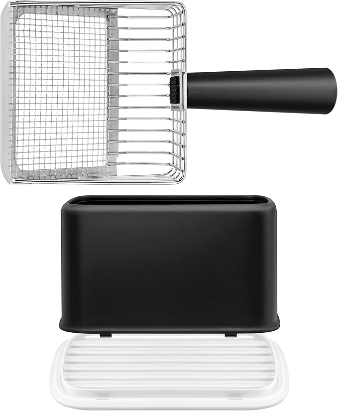 Metal Cat Litter Scoop with Holder, Heavy Duty Deep Sifter with Dual-Hole (10mm/5mm) for Pellets & Clay, Non-Stick (Black)