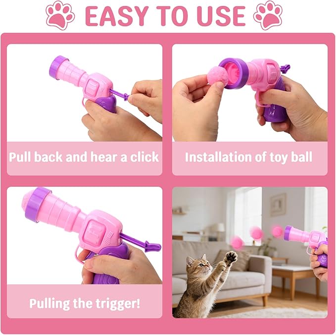 Cat Ball Pit for Indoor Cats, Collapsible Interactive Cat Toy Set with Pom Pom Launcher Crinkle Balls Jingle Bells Springs Toy Mice, Foldable Enrichment Play Pen for Bored Kittens Self Play (Pink)