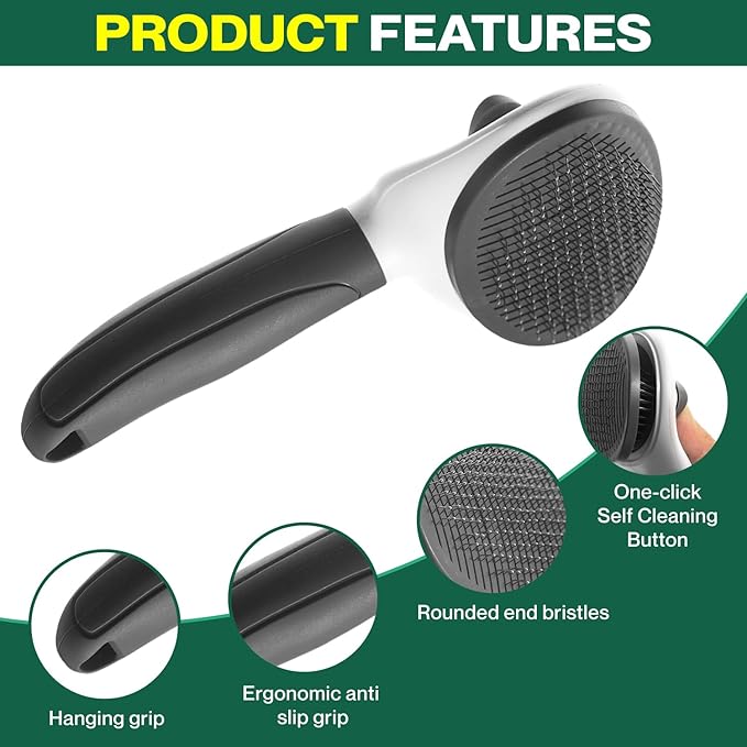 Self Cleaning Slicker Brush with release button for cat, dog, small and large pets, shedding and grooming, massaging tool. Suitable for both long or short hair. (Gray_Large)