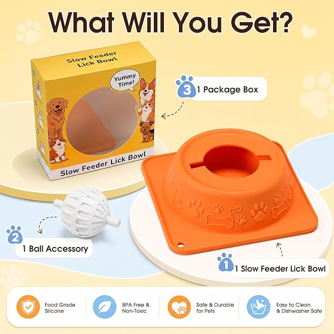 Slow Feeder Dog Bowls, Anti-Slip Dog Lick Bowl with Interactive Rolling Ball, Anxiety Relief Liquid Treat Feeder, Bone Broth Yogurt Licking Toy for Small Medium Large Dogs and Cats(Orange)