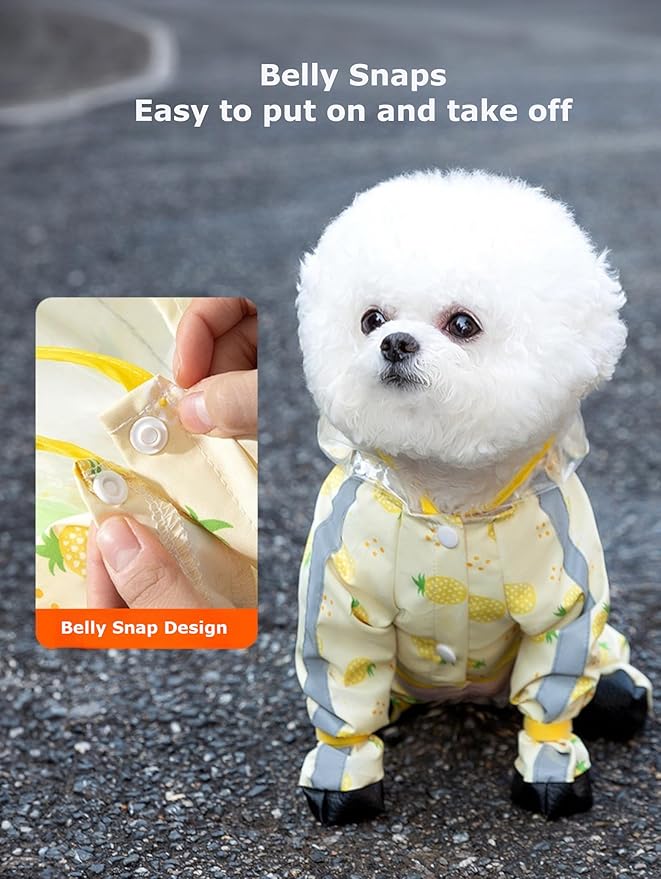 Waterproof Dog Raincoat,Full Coverage 4 Legs Dog Rain Jacket for Small Dogs,Pet Rain Coat with Hood,Reflective Strips&Leash Hole Outdoor Raincoat (X-Large（for Weight 11.1-14.6 lb）, Pineapple)
