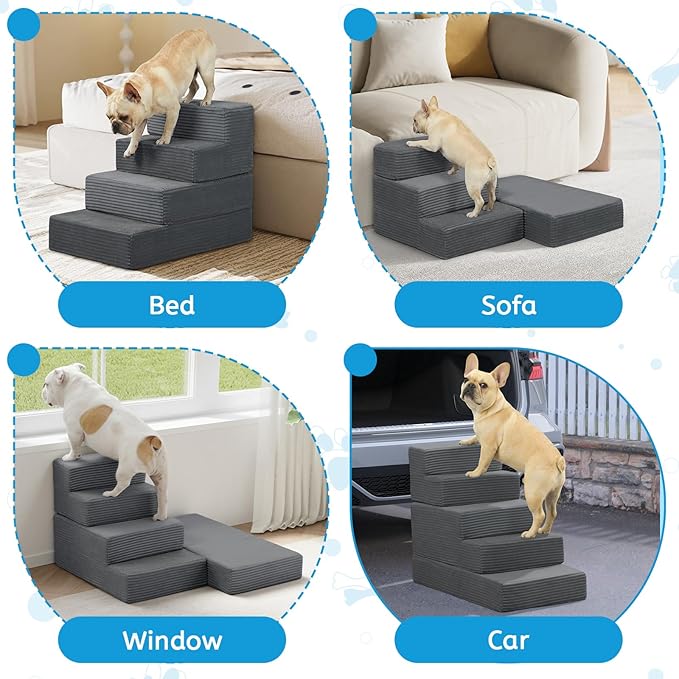 Dog Stairs for Small Dogs, 18" H Dog Steps for High Bed, 4 Steps 3 in 1 Foldable Pet Ramp for Large Cats Climb, Transformable Large Cats Ramp to Get on Couch, Non-Slip Balanced, Dark Grey