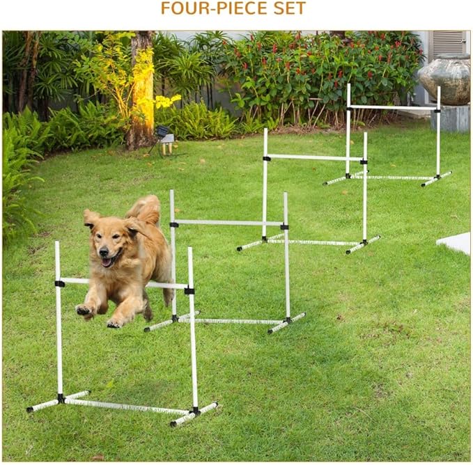 anwickjeff 4 Piece Dog Agility Training Equipment with Adjustable Height Jump Bars, Included Carry Bag, & Displacing Top Bar, Advanced Obstacle Courses for Dog Backyard Competitive (White, 4 Piece)