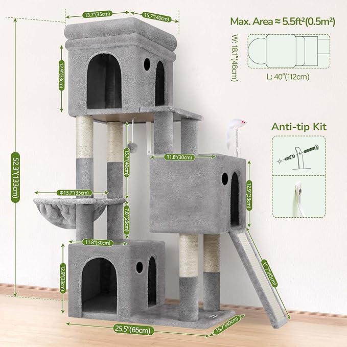 Globlazer 52in Cat Tower for Multiple Indoor Cats, Heavy Duty Multi-Level Cat Tree with 3 Cozy Condos, 4 Natural Sisal Scratching Posts and Cozy Basket Bowl, F52B, Light Grey