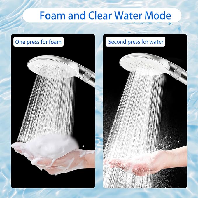 RINBOU Foam Shower Head with Dual-Mode Foam/Clear Water Spray, High Pressure Handheld Showerhead with Hose for Kids Pets Family Bathroom, Battery-Powered Bubble Maker with Soap Dispenser