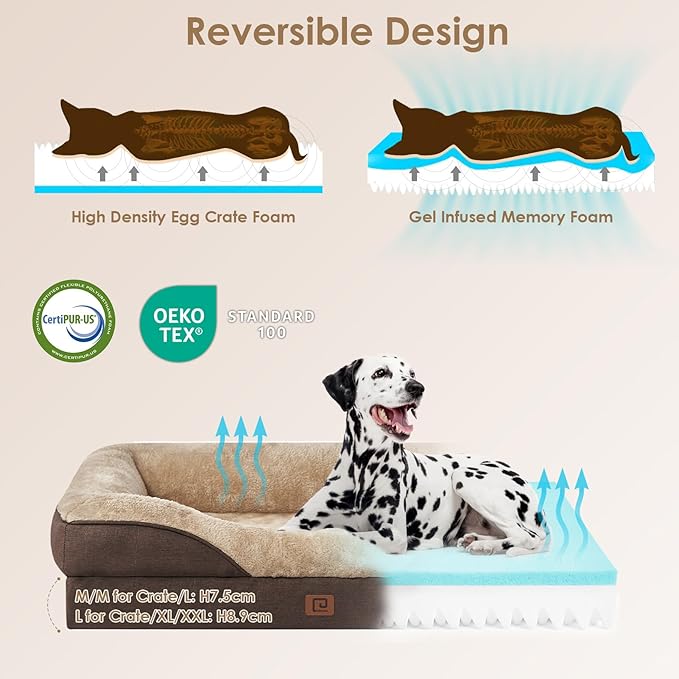 EHEYCIGA Orthopedic Dog Bed for Large Sized Dog, 36x27 Inch Large Memory Foam Dog Couch Bed with Sides, Waterproof Liner & Washable Removable Cover, Bolster Pet Sofa, Brown