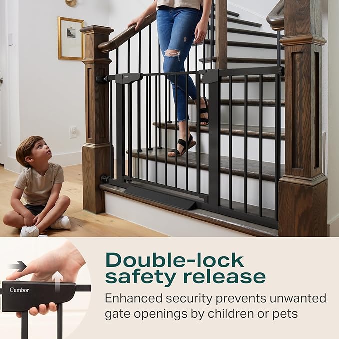 Cumbor 2 Pack 30-46" Baby Gate for Stairs, Mom's Choice Awards Winner-Auto Close Dog Gate for doorways, Easy Install Pressure Mounted Pet Gates Indoor, Easy Walk Thru Wide Safety Gate for Dog, Black
