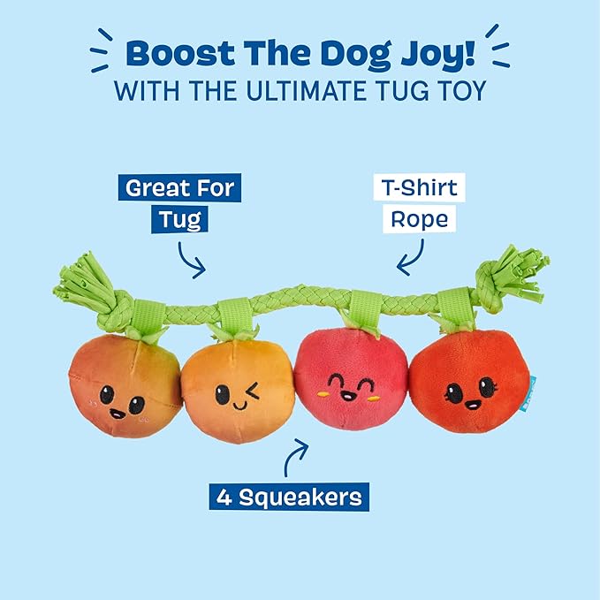 Barkbox Hairloom Tomatoes Dog Toy | Plush Tug Toy with T-Shirt Rope Vine & 4 Squeakers | Interactive Tug & Play Toy for Small to Medium Dogs