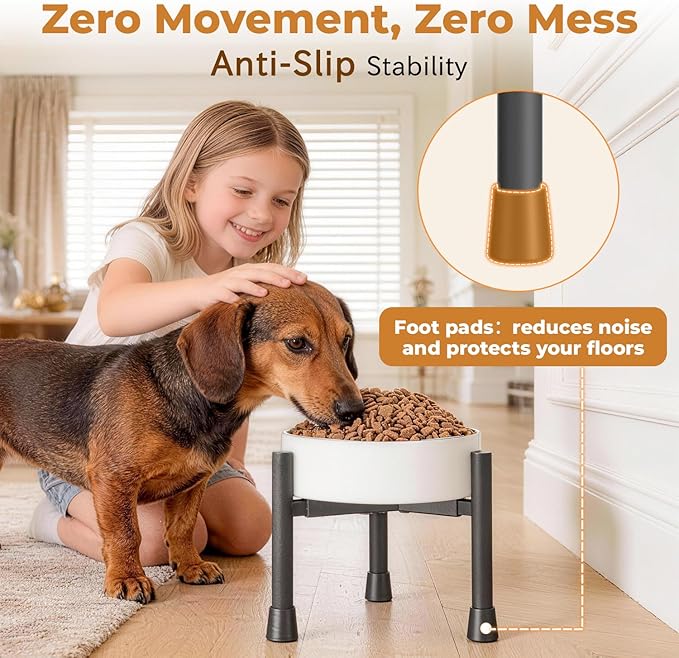 Oppro Single Elevated Dog Bowl Stand for Small Medium Breed, Adjustable Width 6-10in, 10in Tall Non-Slip Metal Raised Puppy Food Feeder Water Holder, Fits Various Size Ceramic Stainless Steel Pet Bowl