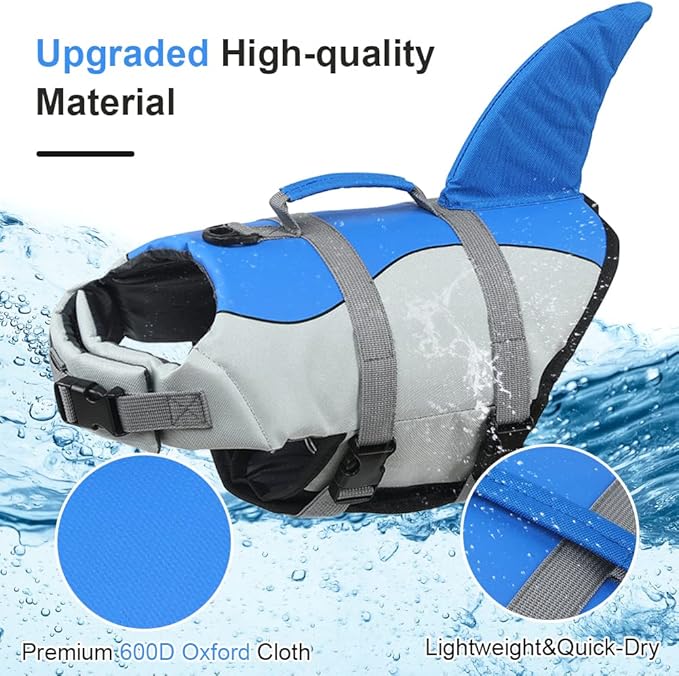 EMUST Shark Life Jackets for Dogs, Adjustable Ripstop Dog Life Vest for Water Safety Pet Life Vest with Rescue Handle Safety Vest for Swimming Pool Beach Boating, (L,Blue)