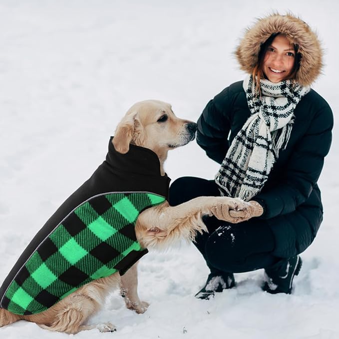 Kuoser Dog Winter Coat, Reversible Waterproof Dog Jacket with Reflective Strip, Warm Dogs Fleece Vest Adjustable Doggy Cold Weather Clothes Plaid Christmas Outfit Pet Apparel for Large Dogs, Green L