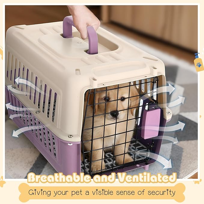 2 Set Hard Plastic Pet Carrier Breathable Dog Cat Kennel with Metal Door Bowl Grille Mat Pet up to 14 Lbs Carrier for Walking Camping Vet Visits Travel, 17.3"L x 11.8"W x 10.6"H(Purple White)
